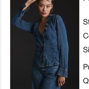 Pilcro Denim Shirred-Waist Ruffle-Neck Blouse